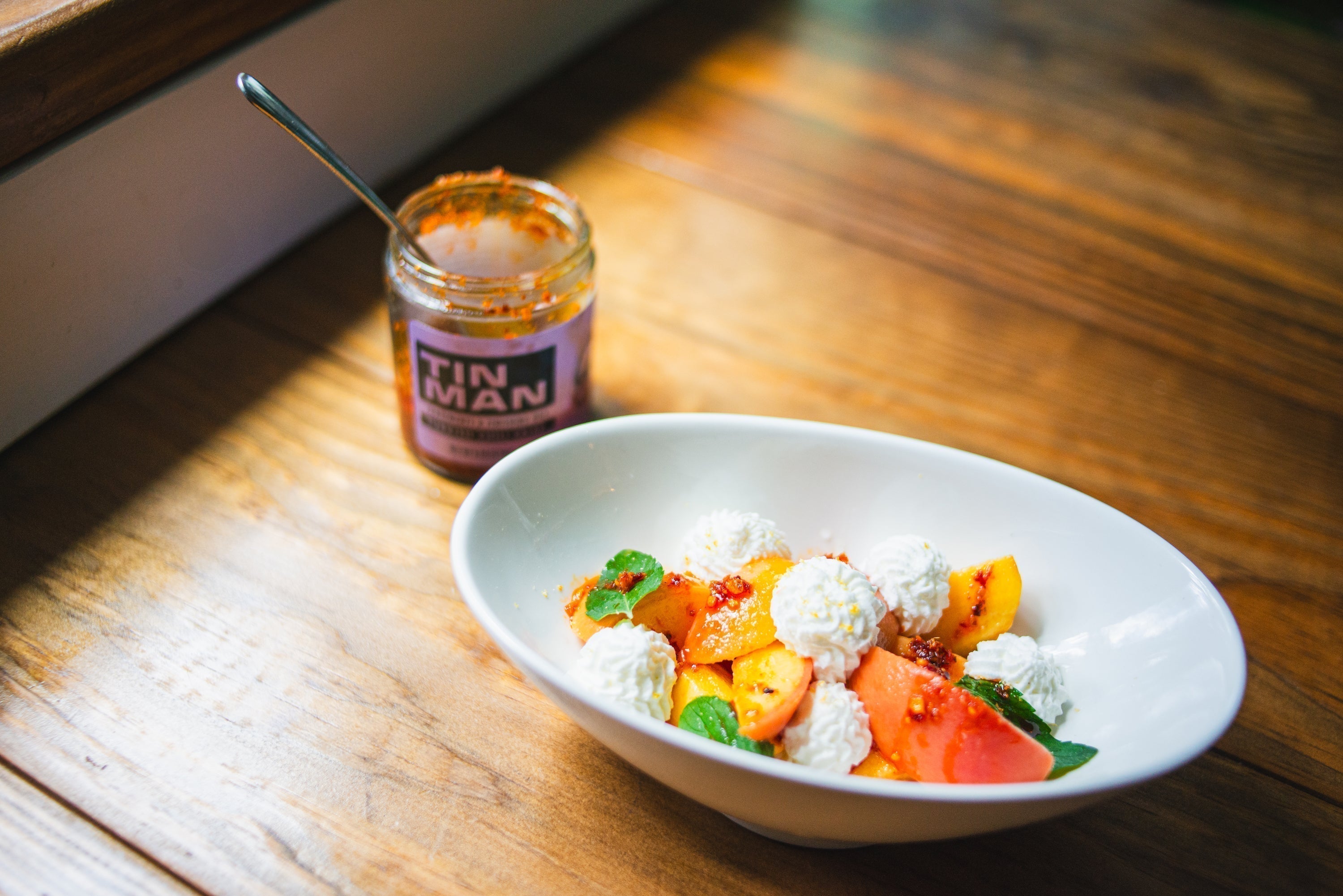 Spicy Poached Peaches with Mint Cream